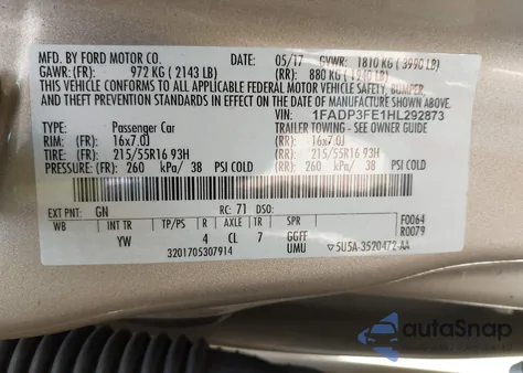 2017 Ford Focus Se from USA, damaged, VIN 1FADP3FE1HL292873